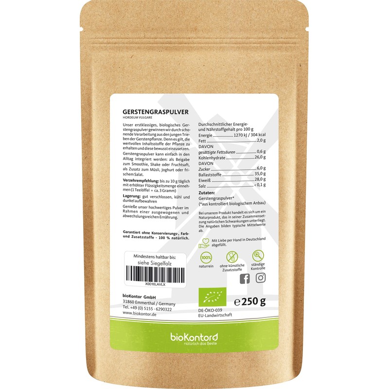 Organic Barley Grass Powder 250 g Ground Barley Grass from
