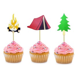 24 Pcs Campfire Tent Cupcake Toppers for Birthday Party Woodlands Party, Happy Camper, Lumberjack, Camper Theme Decorations Supplies Picks