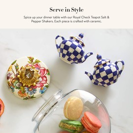 MACKENZIE-CHILDS Teapot Salt and Pepper Shaker Set, Ceramic Salt and Pepper Holders, Blue-and-White Royal Check