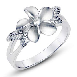 Metal Factory Sz 7 Sterting Silver 925 Plumeria Cubic Zirconia CZ w/Maile Leaf Hawaiian Flower Band Ring