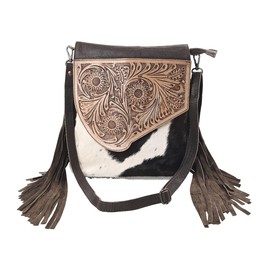 Merbaa Western Cowhide Crossbody Bag for Women | Handmade Boho Shoulder Purse with Tooled Leather Flap, Fringe & Adjustable Strap | Stylish Rodeo, Travel & Concert Bag (Brown & White)