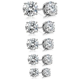 925 Sterling Silver Round CZ Solitaire Cubic Zirconia Unisex Stud Earrings, 3mm. 4mm. 5mm. 6mm. 7mm. (Set of 5)