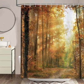 Bonhause Shower Curtain Autumn Forest Tree Sunlight Nature Landscape Shower Curtains 180 x 180 cm Anti-Mould Waterproof Polyester Fabric Washable Bathroom Curtain for Bathroom with 12 Hooks