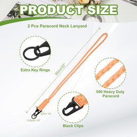 YELARXI Paracord Lanyard, 550 Keychain Lanyard Heavy Duty Necklace Keychain Braided Wrist Strap for Men Women Outdoor Activity Survival Key Whistle Rope ID Badge (2 Pack, Luminous Orange)