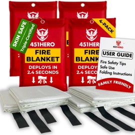 451HERO Emergency Fire Blanket – 4 Pack, Triple Certified, Comfort Weave Skin-Safe Fiberglass, Fire Blankets for Home, Kitchen, RV, Camping & Emergency Kits | Multi-Zone Fire Protection for Families