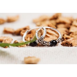 WINDALF Ronya Bohemian Hoop Earrings 14 mm Gothic Jewellery with Black Ball 925 Sterling Silver, Silver