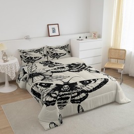 Feelyou Gothic Skull Bedding Set Decorative Death Moth and Flowers Comforter Set Queen Size for Kids Teens Adults Bedroom Decor Breathable Pesonalized Skeleton Bones Comforter Black Cream Quilt Set
