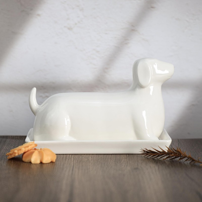 Bicuzat Ceramic Dachshund Butter Dish with Lid, Butter Keeper Butter