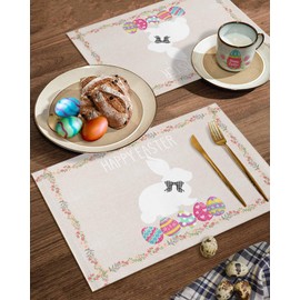 Happy Easter Day Placemats-Set of 6, Easter Rabbit Bunny Table Mats for Easter Table Decorations, Easter Eggs Place Mats for Wedding/Party/Kitchen Dining Table (Blue Pink Floral Spring, Rustic)