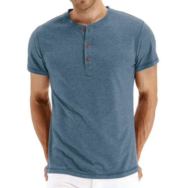 NITAGUT Mens Fashion Casual Front Placket Basic Short Sleeve Henley T-Shirts (L, 02 Vg-Blue)
