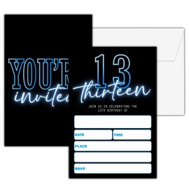 seclate Neon 13th Birthday Invitations for Boys, 25 Double-Sided Invitation Cards with 25 Envelopes, Black and Blue Party Decoration Supplies - D05