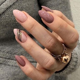 ANDGING Press on Nails Short Almond Brown Fake Nails with Pink Design fake nails for Women Girls Acrylic False Nails Reusable stick on nail Full Cover Manicure Press on Nail for Wedding 24Pcs