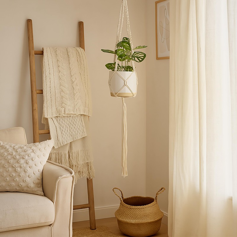 Relaxdays Macrame Hanging Basket, Set of 7, Boho Hanging Basket,