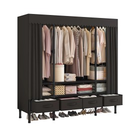 US Stock 2026 Modern Closet Cabinet Metal Frame Portable Non-Woven Canvas Easy Assembling Bedroom Storage Furnituresize: 140cm*45cm*172cm, color: Black