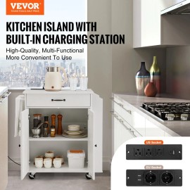 Fully-Enclosed White Rolling Kitchen Island Storage Cart with Charging Station Wheel-Bearing CabinetType: Fully-Enclosed Mobile Type, color: White Color