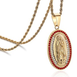 ROWIN&CO Virgin Mary Pendant Necklace 18K Gold Plated | Cubic Zirconia Oval Medal Religious Jewelry for Women & Men | Our Lady of Guadalupe Chain 20/24/30 Inch with Gift Box (Gold&Red White, 24 inch)