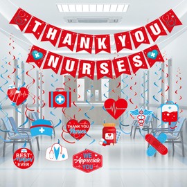 Thank You Nurse Banner and Hanging Swirl Set, Hanging Swirl Banner for Nurses Week Nurse Day Decoration Doctor Medical Themed Party Nurse Appreciation RN Graduation Party Decorations(Red)
