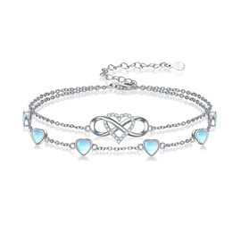 Wildari Infinity Moonstone Anklet 925 Sterling Silver Double Strand Heart Moonstone Anklet Birthday Jewelry Gift for Wife Women Mother,Chain Length 9"+2" Extend