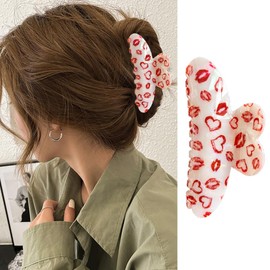 Valentine's Day Heart Hair Claw Clips for Thick or Thin Hair, 1 Pack Red Heart Lips Pattern Hair Clips Valentines Hair Accessories Large Acrylic Heart Shape Jaw Clips Strong Hold Clamp Clips for Women