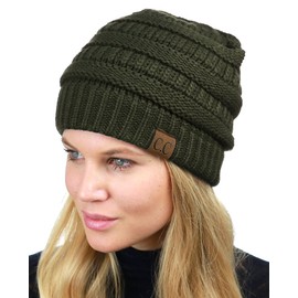 C.C Unisex Chunky Soft Stretch Cable Knit Warm Fuzzy Lined Skully Beanie, Dark Olive