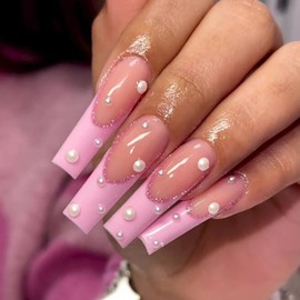 Vezocim Press on Nails Coffin Long French Tips Pink Glossy Full Cover Acrylic Square Fake Nails with Pearl Designs Extra Long Artificial False Nails Glue on Fingernails with Charm for Women Girls