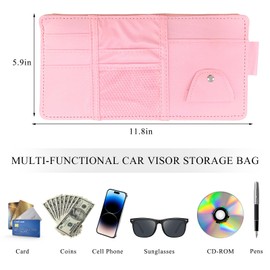 JUSTTOP Car Sun Visor Organizer, Leather Car Sun Visor Storage Pocket with Sunglasses Holder, Universal Sun Visor Card License Pouch Organizer for Most Vehicles, Car Accessories (Pink)