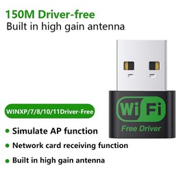 150M USB WiFi Adapter, Plug-n-Play, Built -in high -gain Antenna, USB Adapter Suitable for PC Desktop Laptop Windows11/10/8/7/XP.