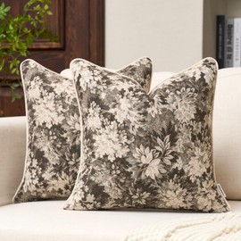 FANAMI Vintage Floral Throw Pillow Covers 18x18 Set of 2 Boho Farmhouse Accent Pillowcase Neutral Modern Chenille Square Decorative Cushion Covers for Couch Sofa Bed Living Room Home Decor, Grey
