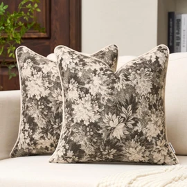 FANAMI Vintage Floral Throw Pillow Covers 18x18 Set of 2 Boho Farmhouse Accent Pillowcase Neutral Modern Chenille Square Decorative Cushion Covers for Couch Sofa Bed Living Room Home Decor, Grey