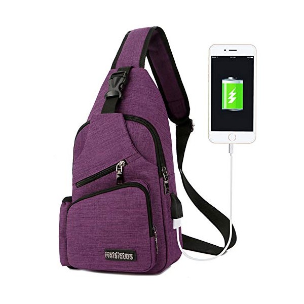 Peicees Sling Bag Men Women Shoulder Bag Daypack with Bottle Holder USB Charge