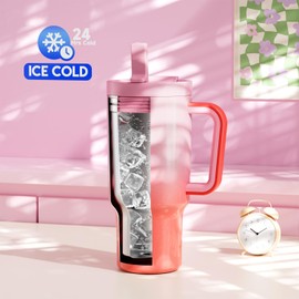 Meoky 32 oz Tumbler with Handle and Flip Straw, 100% Leakproof Tumbler with Lid and Straw, Stainless Steel Insulated Cup, Cupholder Friendly, Keeps Cold for 24 Hours (Flamingo)