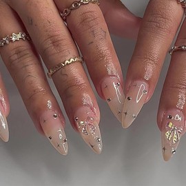 BABALAL Almond Press on Nails Medium Fake Nails Shiny Glue on Nails 24Pcs Chrome Stiletto Bow Rhinestone Acrylic Nails for Women and Girls