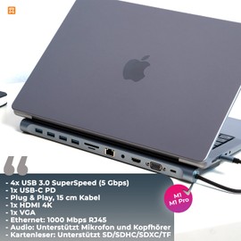 XtremeMac Multifunctional USB-C Hub Docking Station for MacBook Pro/Air - Fast Data Transfer, 11 Ports - HDMI 4k, USB-C, 4 x USB 3.0, Ethernet, Audio, VGA