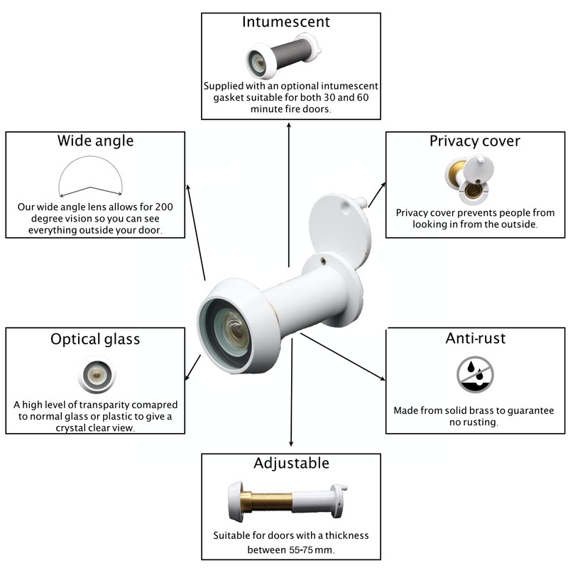 Door Viewer White Peephole Wide Angle 50-75mm Thick Doors
