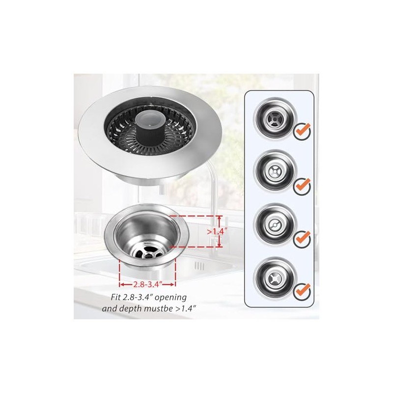 Kitchen Sink Drain Strainer, 3 in 1 Pop Up Kitchen