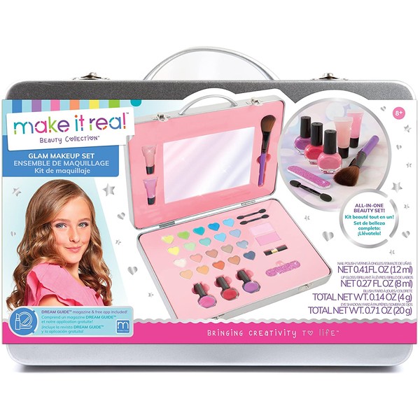 Make It Real - All-in-One Glam Makeup Set. Girls Makeup Kit is a Perfect Starter Cosmetic Set for Kids and Tweens. Includes Case, Mirror, Eye Shadow, Blush, Brushes, Lip Gloss, Nail Polish and More