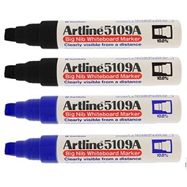 Artline 5109A Big Nib 10mm Dry Erase Extra Thick Whiteboard Markers, 4 Markers (2 Black, 2 Blue)