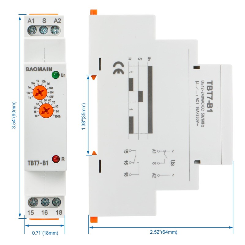 Baomain Multi-Function Time Relay, 16A/AC250V, Delay ON SPDT, DIN Rail