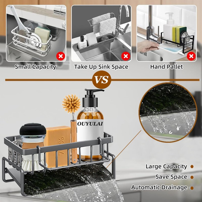 Kitchen Sink Organiser, Sponge Drain Rack Stainless Steel With Self-Draining