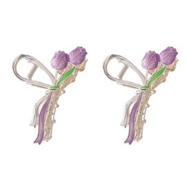 Magik 1~2 Pack Tulip Floral Enamel Large Metal Hair Claw Flower Blossom Hair Clips (2 Pack, Ribbon, Purple)