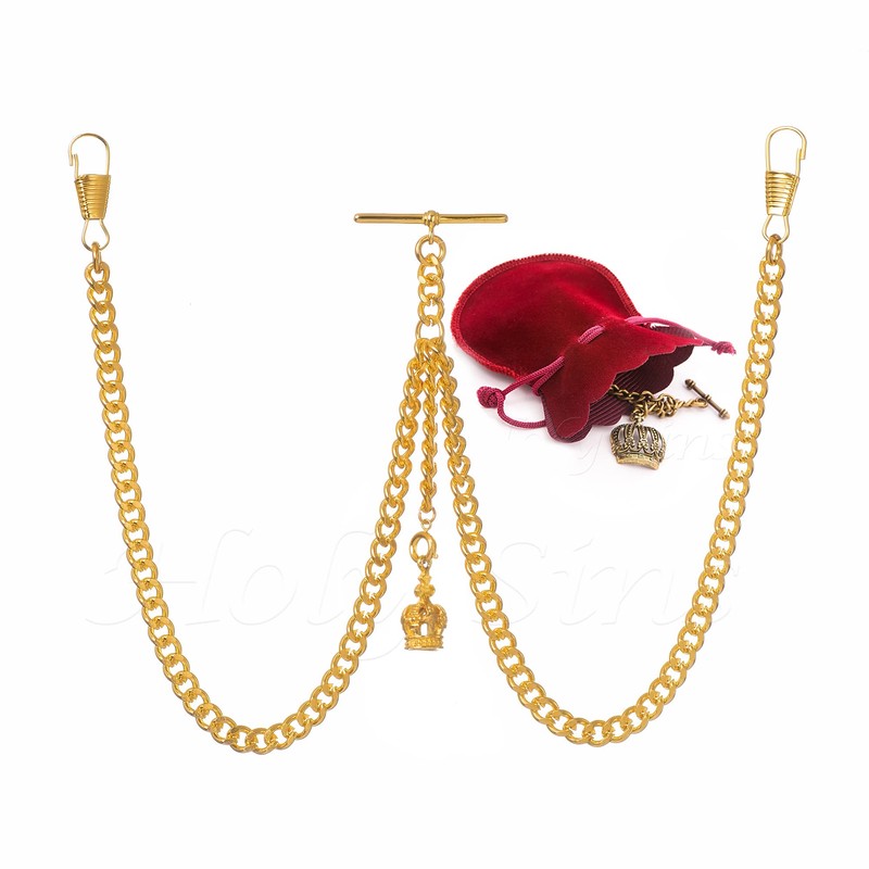 Gold Colour Double Albert Pocket Watch Chain With Crown Pendant