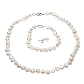 Treasure Bay Womens Pearl Necklace Bracelet Earrings Set 7-8mm Natural Baroque Pearl Gift for Her (White)