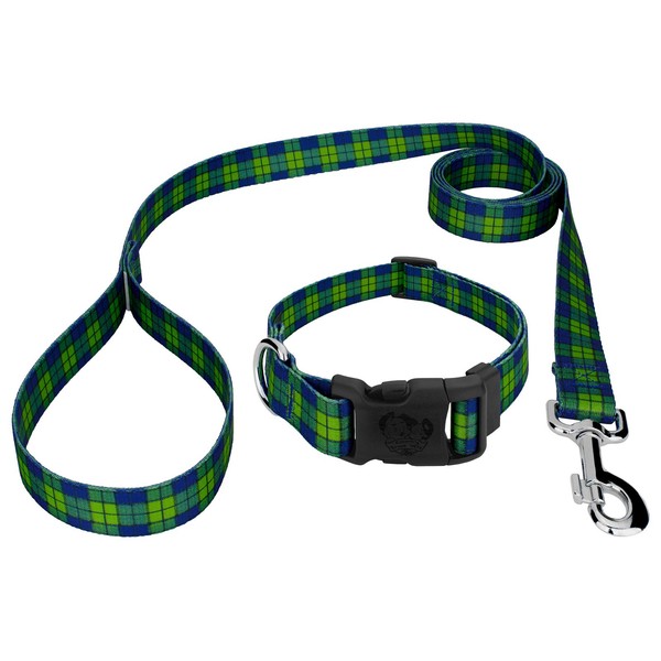 Country Brook Petz - Deluxe Blue and Green Plaid Dog Collar and Leash - Plaid and Argyle Collection with 9 Charming Designs (5/8 Inch, Small)