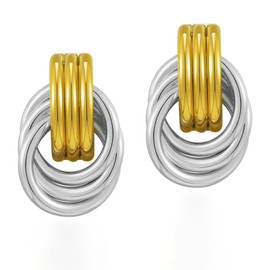 Chunky Gold Knot Earrings Hypoallergenic Fashionable Statement Dangle Earrings for Women Geometric Design Gold Plated Trendy Jewelry Gift Idea (Knot-Two Tone-Large)