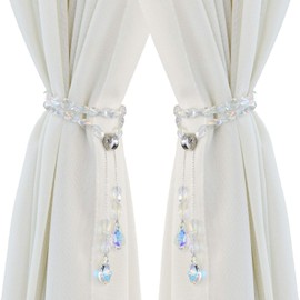 Magnetic Curtain Tiebacks,Crystal Beads Rope Drapery Holdbacks Holder for Small,Thin or Sheer Window Draperies,12 Inch Long,2 Pack (White)