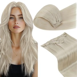 LaaVoo Real Hair Clip-In Blonde Hair Extensions Real Hair Clips Double Wefts Hair Extensions Real Hair Clips Remy Platinum Blonde #60 70 g 5 Pieces 35 cm