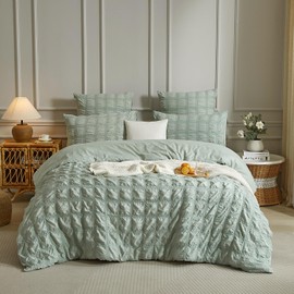 Luofanfei Seersucker Bed Linen 135 x 200 cm Green Sage Green Summer Cooling Striped Checked Plain Pattern Summer Bed Linen Breathable Lightweight Duvet Cover Single Bed and Pillowcase 80 x 80 cm