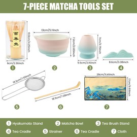 Matcha Whisk Set - 7 PCS Japanese Household Matcha Tea Kit for Traditional Tea Ceremony, with Handcrafted Bamboo Whisk Matcha Scoop Matcha Stand Matcha Bowl for Tea Lovers (Gradual Roseate)