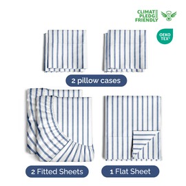 CGK Unlimited Extra Deep Split King Sheet Set - 7 Piece Breathable & Cooling Sheets - Hotel Luxury Bedding Set 18-24 Inch Extra Deep Pockets - Easy Fit, Soft, Wrinkle Free & Comfy - Blue Stripes, Split King Size