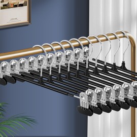 HWAJAN 14Inch Clothes Pants Hangers with Wide Clips 10 Pack,Non-Slip Adjustable Skirt Hanger for Women,Space-Saving Heavy Duty Men Hangers for Pants,Trousers,Jeans,Shorts,Black
